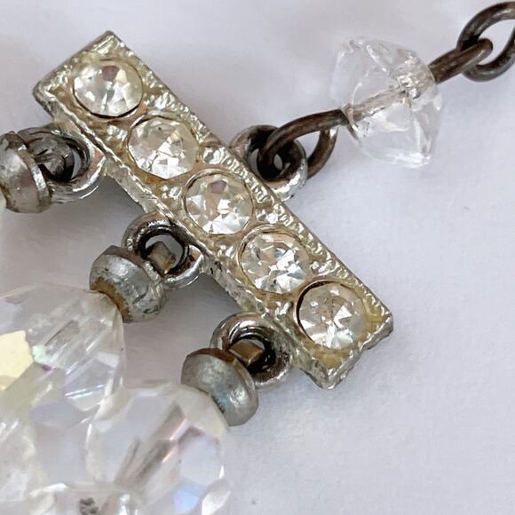 VTG Mid Century AB Crystal Triple Strand Necklace Aurora Borealis 1950s Bridal - Picture 8 of 12